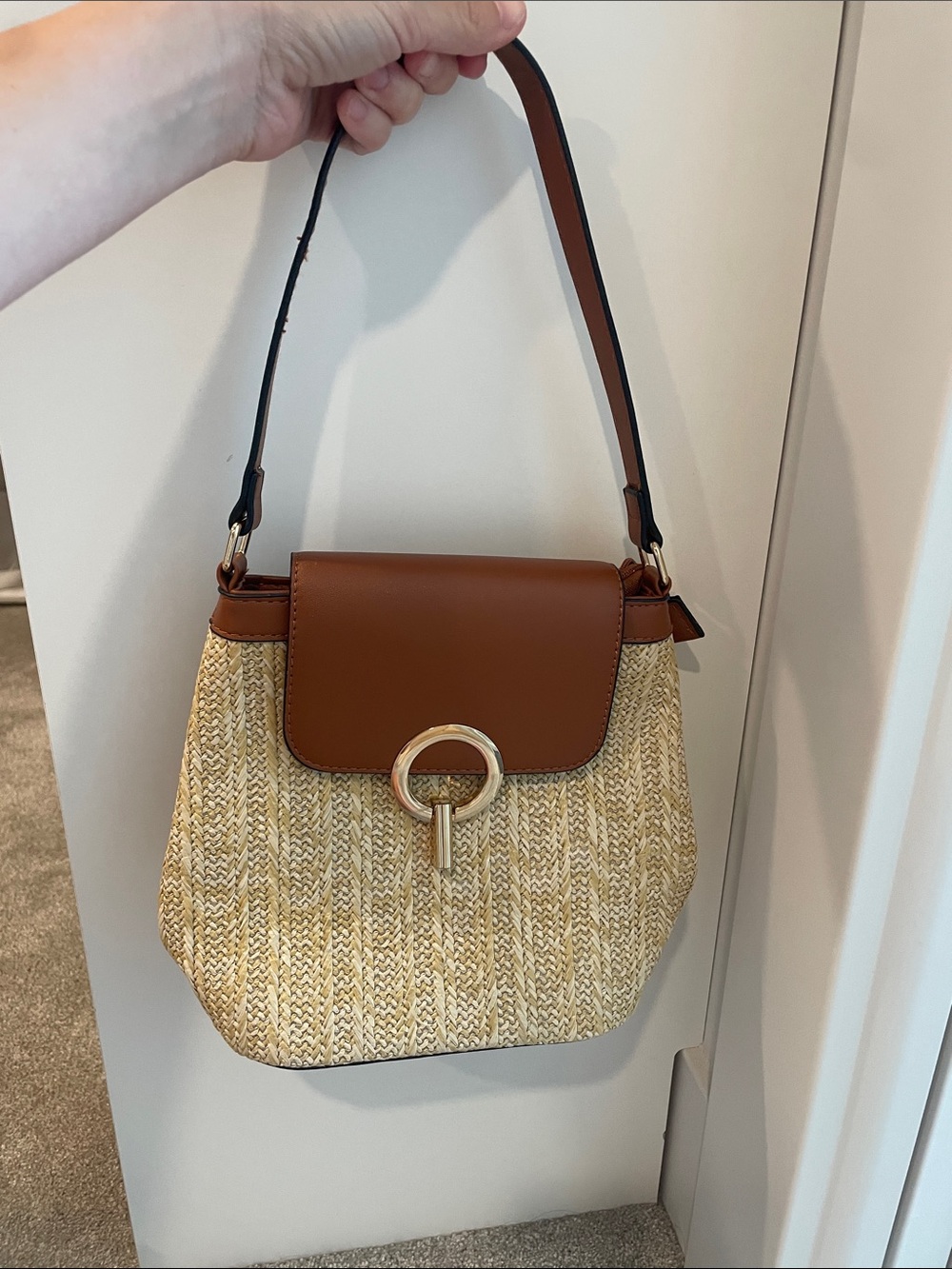 Straw Weave Shoulder Bag with Brown Leather Flap